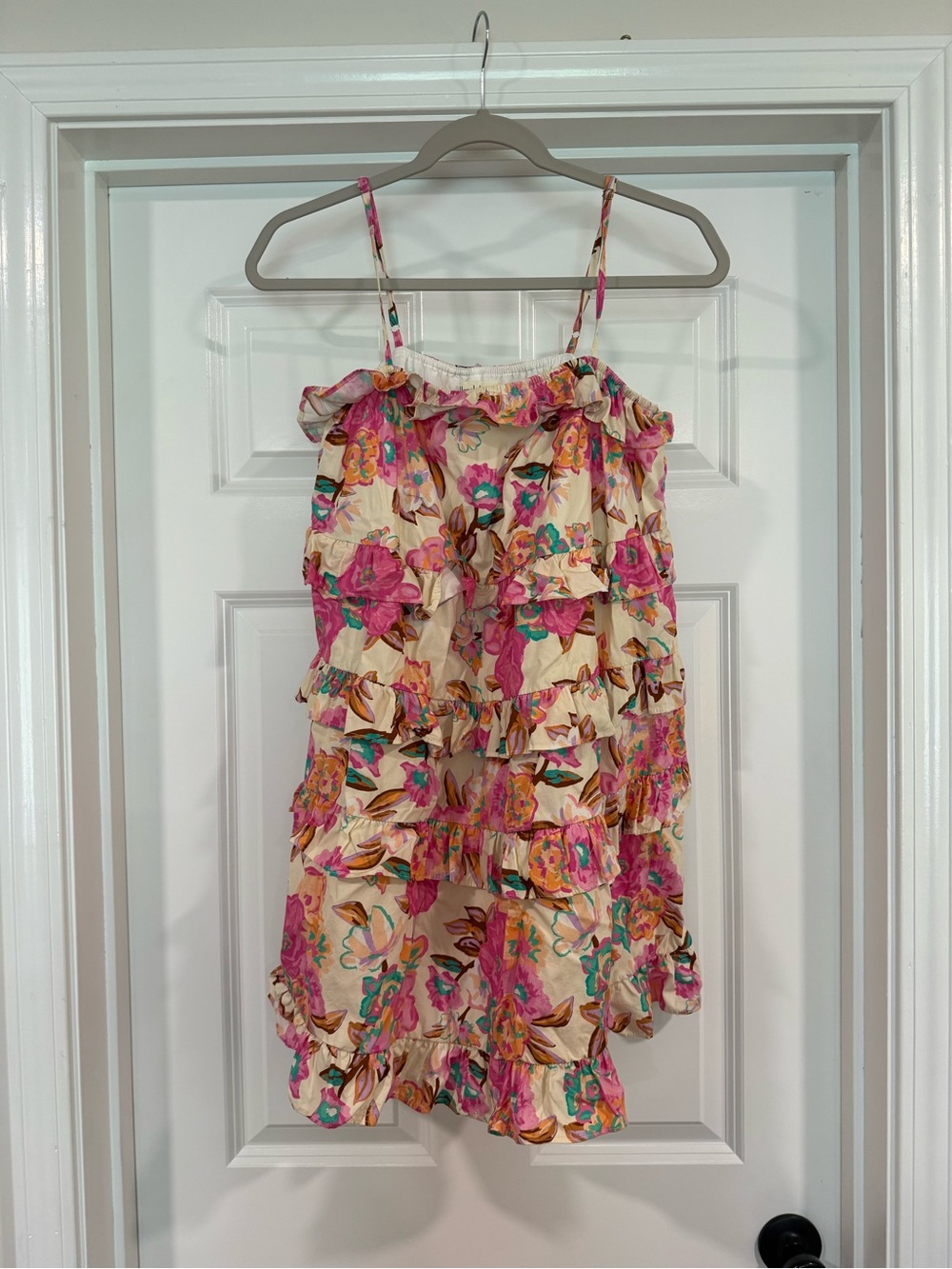 Cream Floral Ruffle Mini Dress with Pink Accents